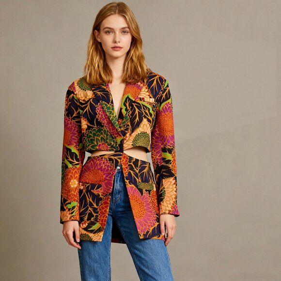 Farm Rio Jackets & Blazers - NWOT FARM RIO Multicolor Floral Garden Cut-Out Long Blazer Size S